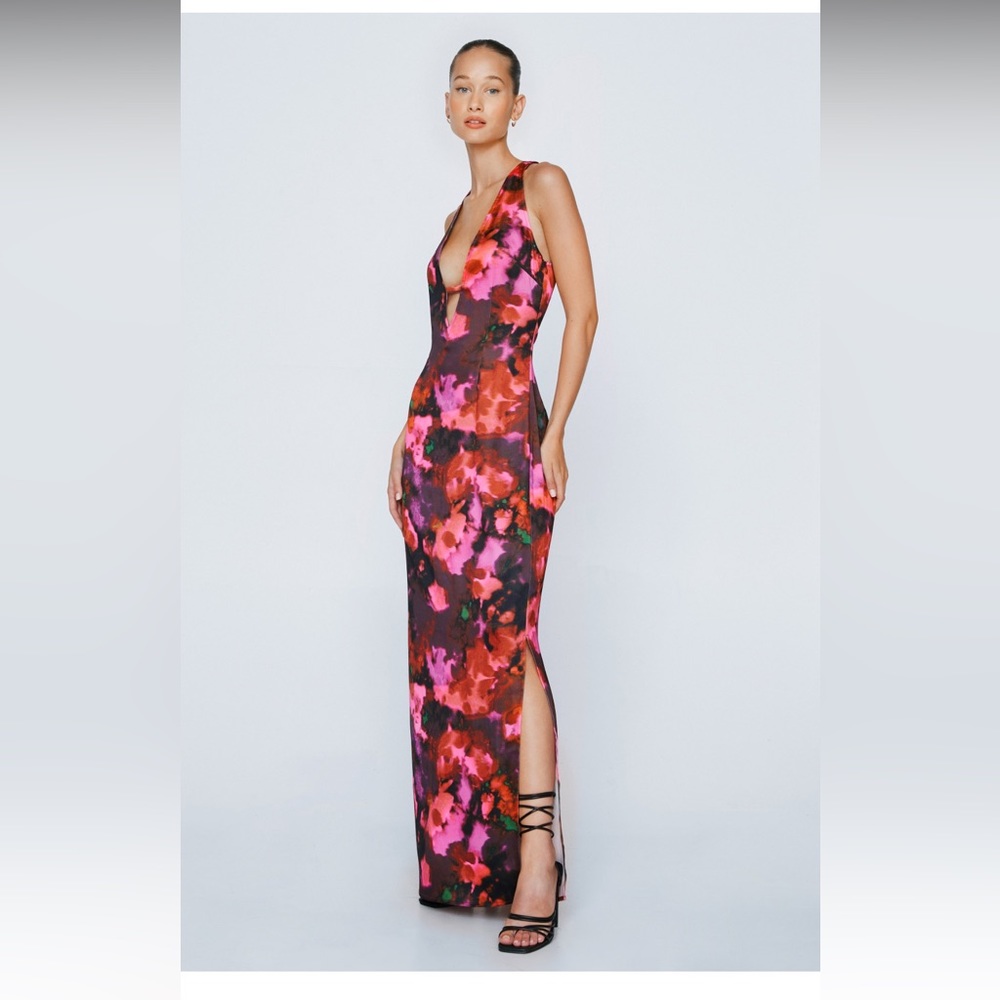 NastyGal Abstract Print Deep Plunge Maxi Dress.